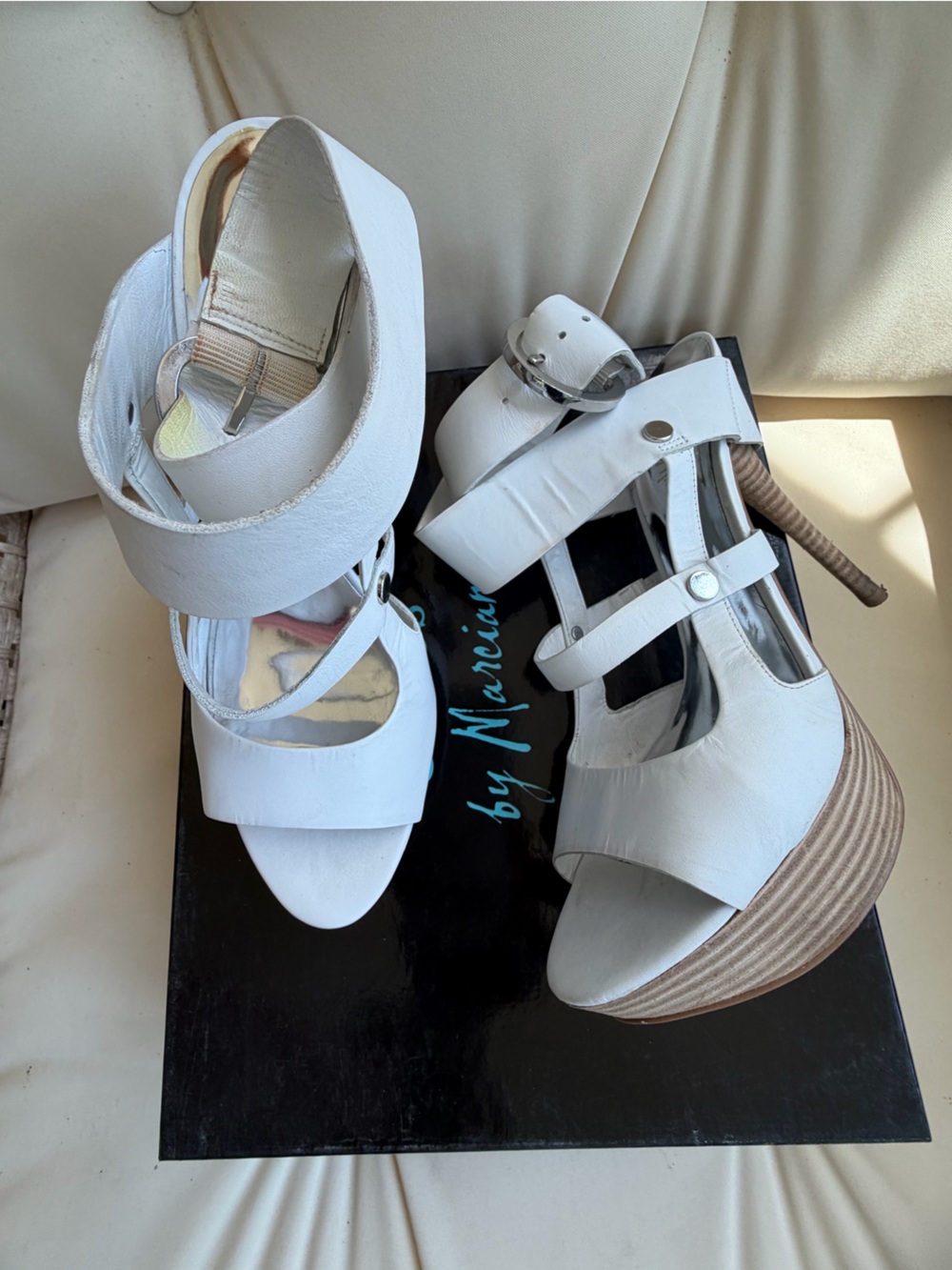 Guess by Marciano White Wedge Strappy Sandals with Tan Soles